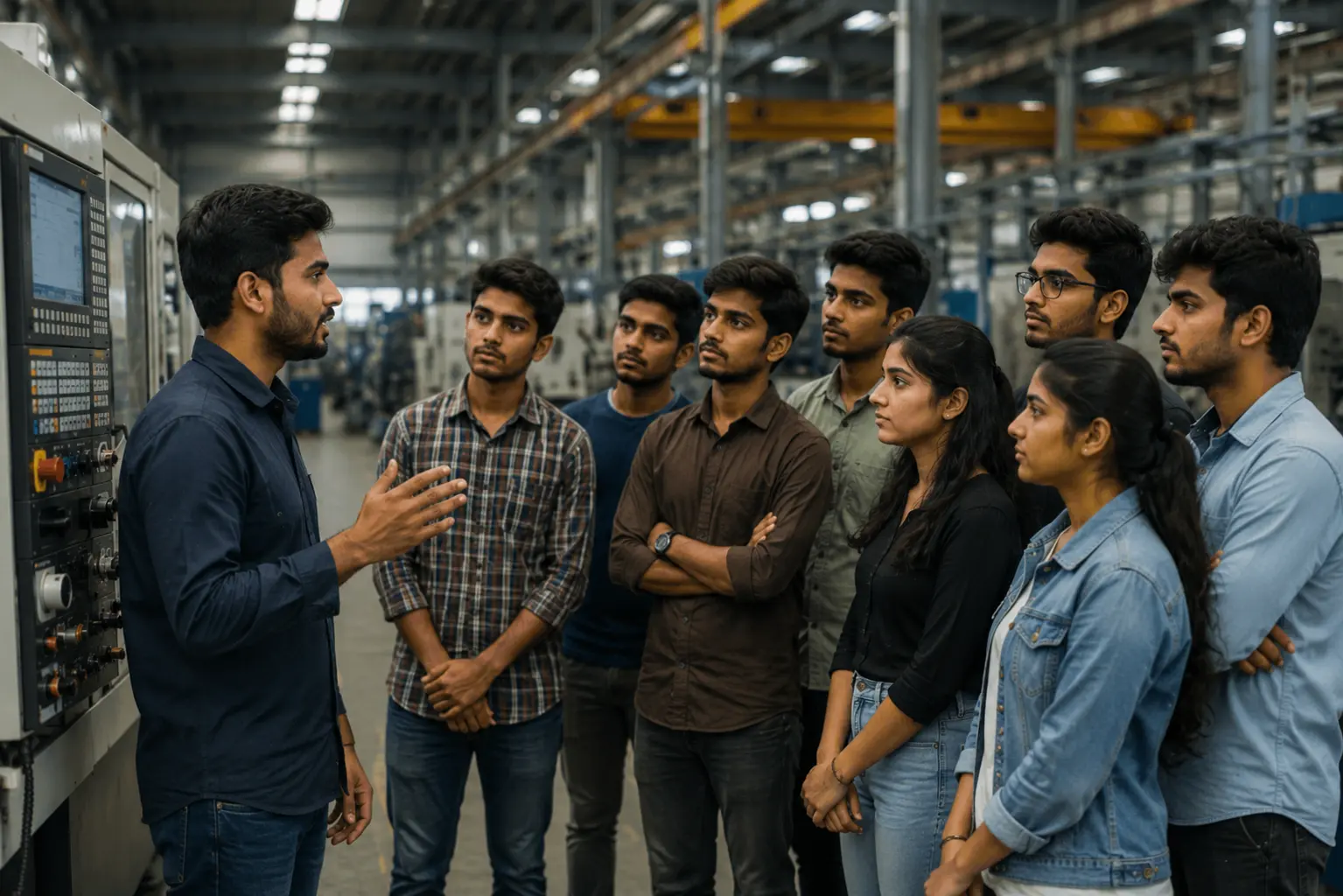 Students participating in an industrial visit at a modern manufacturing facility, learning from industry experts and gaining practical exposure to real-world industrial operations and technologies.